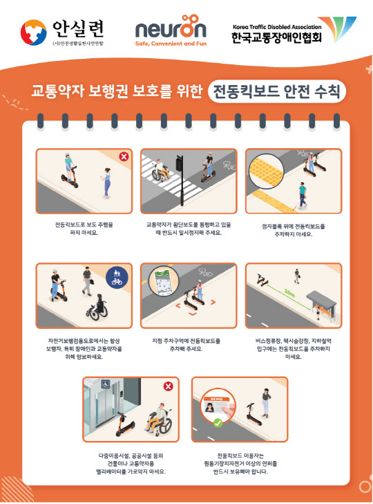 뉴런 모빌리티, 한국교통장애인협회, 안전생활실천시민연합이 제정한 '교통약자 보행권 보호를 위한 전동킥보드 안전 수칙'. 뉴런 모빌리티 제공